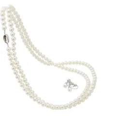 【新品】 [咲屋] パールネックレス 7mm 120cm 貝パール ホワイト ケース付き 真珠 ネックレス 冠婚葬祭用 ロング 2連 卒業式 入学式 花珠級 天然貝核 パールピアスセット (ホワイト/イヤリング) 1