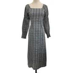 チーク Cheek ワンピース Iライン ロング スクエアネック オフショルダー レースアップ サッカー チェック 長袖 M 黒 白 ブラック ホワイト