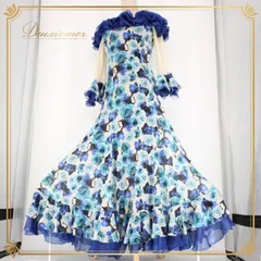 社交ダンス 衣装 スタンダード ドレス ワンピース パーティ衣装 オールシーズン 青 水色 ICHIOKU イチオク ブルー系 ホワイト系 白 ドレスタイプ フレア シフォン エレガント ローズ柄 バルーンスリーブ イベント用 発表会 演出用 伸縮性あり