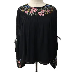 ザラ トラファルック ZARA Trafaluc collection カットソー ブラウス クルーネック プルオーバー シアー 刺繍 長袖 USA XS 黒 ピンク ブラック