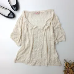 ◯mao made マオメイド ナチュラン取扱い 透かし編み レース プルオーバー トップス 襟付き コットン リネン 日本製 M アイボリー系 オフホワイト 白系/26Nのサムネイル