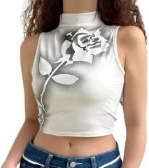 Gorcre ノースリーブ シャツ レディース 薔薇 バラ 花柄 ハイネック Tシャツ ショート丈 トップス へそ出し カジュアル お洒落 薄手 伸縮 生地 (ホワイト,  S)