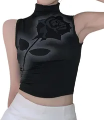 Gorcre ノースリーブ シャツ レディース 薔薇 バラ 花柄 ハイネック Tシャツ ショート丈 トップス へそ出し カジュアル お洒落 薄手 伸縮 生地 (ブラック,  S)