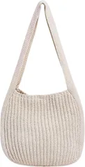 Gorcre ニットバッグ レディース 編みバッグ 網バッグ ニット手提げ ニット編み ショルダーバッグ 編み込み カジュアル (ホワイト,  全長64cmx幅34cm)