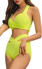 Gorcre クロス ビキニ 上下 セット 盛れる ホルター ネック V デザイン 水着 レディース (イエロー,  M)