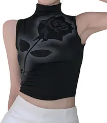 Gorcre ノースリーブ シャツ レディース 薔薇 バラ 花柄 ハイネック Tシャツ ショート丈 トップス へそ出し カジュアル お洒落 薄手 伸縮 生地 (ブラック,  L)