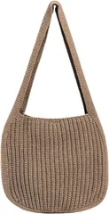 Gorcre ニットバッグ レディース 編みバッグ 網バッグ ニット手提げ ニット編み ショルダーバッグ 編み込み カジュアル (ベージュ,  全長64cmx幅34cm)