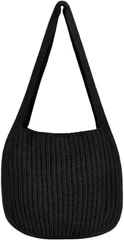 Gorcre ニットバッグ レディース 編みバッグ 網バッグ ニット手提げ ニット編み ショルダーバッグ 編み込み カジュアル (ブラック,  全長64cmx幅34cm)
