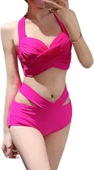 Gorcre クロス ビキニ 上下 セット 盛れる ホルター ネック V デザイン 水着 レディース (ピンク,  XL)