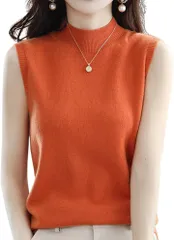 Gorcre ハイネック ノースリーブ レディース リブ 襟 袖 モックネック リブニット 上品 トップス 着回し 重ね着 なめらか 快適 ドライ ストレッチ (オレンジ,  M)