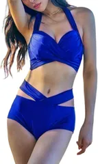 Gorcre クロス ビキニ 盛れる ホルター ネック 細見え 脚長 V デザイン 上下 セット 水着 レディース 追加パット用ポケット (ロイヤルブルー,  L)