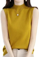 Gorcre ハイネック ノースリーブ レディース リブ 襟 袖 モックネック リブニット 上品 トップス 着回し 重ね着 なめらか 快適 ドライ ストレッチ (イエロー,  M)