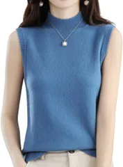 Gorcre ハイネック ノースリーブ レディース リブ 襟 袖 モックネック リブニット 上品 トップス 着回し 重ね着 なめらか 快適 ドライ ストレッチ (ブルー,  M)