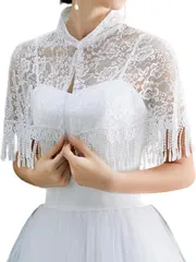 Gorcre ショール ボレロ レディース 羽織 襟付き 華やか ドレスショール ケープ ハイネック レース 上品 結婚式 パーティ 演奏会 JP アルファベット Free Size (ホワイト,  Free Size)