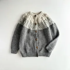 美品 / KHWOPA×CHILD WOMAN クォーパ×チャイルドウーマン / 別注 ネパール製 ウール100% ハンドニット ケーブル編み ローゲージ ウッドボタン カーディガン / レディース F / グレー×ベージュ 灰色×生成 / トップス アウター