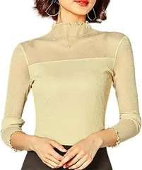 Gorcre シアー トップス ハイネック キラキラ ゴールド ラメ シースルー 総レース チュール 長袖 レディース 快適 高伸縮 上品 おしゃれ (ベージュ,  XL)