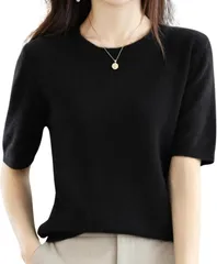 Gorcre クルーネック リブニット 半袖 レディース 襟 トップス 快適ニット セーター とろみニット 伸縮 無地 おしゃれ 上品 (ブラック,  L)