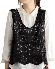 Gorcre 透かし編み ニット ベスト レディース ノースリーブ クロップド ショート 丈 刺繍 お洒落 着痩せ 体型カバー (ブラック,  Free Size)