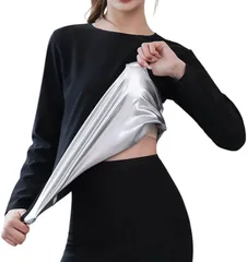 Gorcre サウナスーツ 長袖 Tシャツ レディース 大きいサイズ インナー 発汗 トレーニング ウェア 伸縮 ストレッチ 洗濯可 (ブラック,  XL)