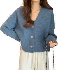 Gorcre リブ ニット カーディガン レディース Vネック ショート丈 ゆったり セーター 長袖 お洒落 あったか カジュアル (ブルー,  Free Size)