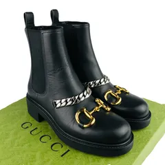 極美品★GUCCI・グッチ レディース レザー メタルホースビット チェーン付き サイドゴア ショートブーツ(34.5)イタリア製 レディースブーツ チェルシーブーツ 冬物 カジュアル ブラック オシャレ ブーティ