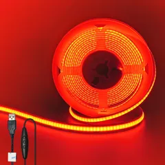 【人気商品】電源コードスイッチ、5段調光、1.5mケーブル DIY 非防水IP20 切断可能 両面テープ変形可能 強力な光 320LEDs/M、8W/M、高密度CRI90 幅8mm 家庭のインテリア用 レッド 2M 調光可能 LEDストリップライト COB ク