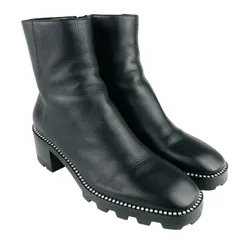 美品★JIMMY CHOO・ジミーチュウ レディース レザー クリスタルストーン付き サイドジップ ショートブーツ(39)イタリア製 レディースブーツ 冬物 カジュアル ブラック オシャレ ブーティ ブランド