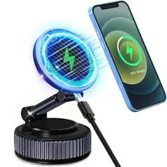 【15W急速充電+真空吸盤】Surundo スマホホルダー 車 アップグレード版 強力マグネット式? 車 スマホスタンド 多角度調節・360°回転対応 折りたたみ式? 真空吸着式車載スマホホルダー Magsafe対応 N55磁石×22個搭載で安定性強化 高 1