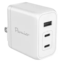 多摩電子工業 PD65W対応 AC充電器 USB x3ポート（USB-C x2、USB-A x1）Permier PR-AP146UC2W GaN採用 急速充電 ACアダプター 新型GaN 窒化ガリウム採用 PSE技術基準適合 折りたたみ式プラグ iPho 1