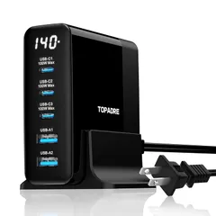 TOPADRE 140W 急速充電器 PD タイプ c 充電器【100W Max*USB-C*3＋USB-A*2+ディスプレイ搭載+PSE認証】5ポート Type-c充 電器 MacBook M4 M3 /ipad Pro/iPhone 17/16/15/ 1