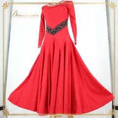 社交ダンス 衣装 スタンダード ドレス ワンピース レッスンウェア パーティ衣装 赤 黒 ブラック系 レッド系 長袖 派手 バイカラー Vネック ストレッチ おしゃれ お出かけ かわいい ラインストーン しなやか ルームウェア フォーマル シンプル 個性的