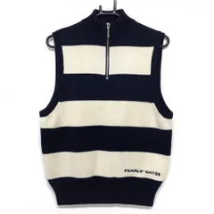 【美品】パーリーゲイツ ハイネックニットベスト アイボリー×ネイビー ボーダー ハーフジップ レディース 1(M) ゴルフウェア PEARLY GATES