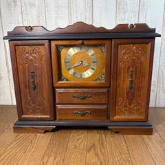 アンティーク木製ジュエリーボックス時計付き　昭和レトロ 開戸式置時計
