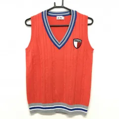 【美品】アディダス ニットベスト レッドオレンジ×ブルー ケーブル編み Vネック ロゴワッペン レディース OT/XG(XL) ゴルフウェア adidas