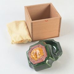 茶道具　桃山窯作　登龍門　干支香合　弥七田織部写　共布共箱　V　8323 茶道具 桃山窯作 登龍門 干支香合 弥七田織部写 共布共箱 V 8323