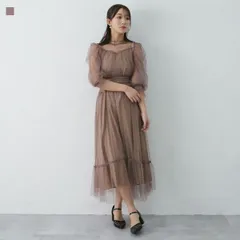 ドレス オケージョン 結婚式 ワンピース ドット柄 チュール パーティードレス フォーマル レイヤード 7分袖 ウエストゴム パフスリーブ 二次会 82219