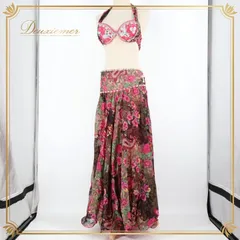 ベリーダンス オリエンタル 衣装 上下セット ブラウン系 花柄 スパンコール ビーズ ラインストーン アーム 腕飾り 茶 緑 金 華やか かわいい 鮮やか ボリューム ダンス衣装 ステージ衣装 豪華 セットアップ ピンク系 ゴールド系 オレンジ系 グリーン系