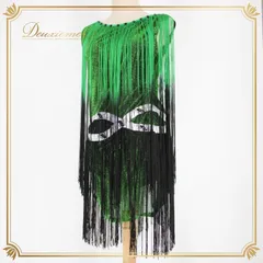 社交ダンス 衣装 ラテン ドレス ワンピース パーティ衣装 Leirena レイリーナ 黒 緑 グリーン系 ブラック系 フリンジ キラキラ 袖なし フリンジドレス ダンス衣装 ブラックグリーン スパンコール 装飾 豪華 演奏会 衣裳 おしゃれ 舞台 発表会