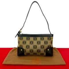 極 美品 袋付 LOEWE ロエベ アナグラム 柄 キャンバス カーフ レザー 本革 セミ ワン ショルダーバッグ ミニ トートバッグ ブラック 19053