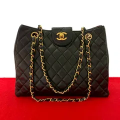 極 美品 シール有 0番台 CHANEL シャネル ヴィンテージ マトラッセ ココ ラムスキン レザー 本革 チェーン トートバッグ ブラック 41651