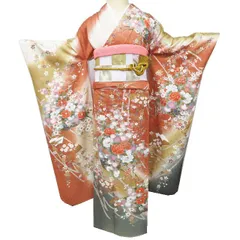 振袖 着物 中古 成人式 結婚式 結納 花車 扇子 地模様 籠目 砥粉色 黄丹色 多色 金 身丈157.5cm 裄67cm M きもの北條 A1263-4