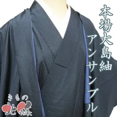男物 着物 羽織 アンサンブル 中古 正絹 袷 本場 大島紬 ラベル付き 黒色 青色 身丈143cm 裄70cm きもの北條 A1299-1