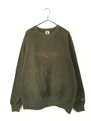 古着 90s Champion BIG ロゴ 刺しゅう 表起毛 スウェット トレーナー オリーブ XL 古着 