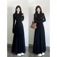 秋冬新作 黒 ニットワンピース 女性用 ロング フィット ボディコン スリム ロングドレス