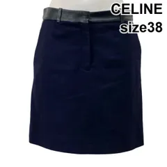 ●◆ セリーヌ CELINE ミニスカート ウエストバンドレザー 異素材 Aライン ネイビー 黒 毛100％ ラムレザー 38 M 9号 レディース S5Y094のサムネイル