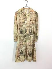レディース 古着 70s 西洋 街並み 総柄 開襟 ハーフボタン シャツ ワンピース ミモレ丈 M位 古着 
