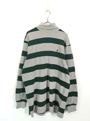 古着 90s USA製 Polo Ralph Lauren 緑×グレー ボーダー カノコ コットン タートルネック 長袖 Tシャツ ロンT L 古着 