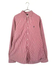 古着 90s Ralph Lauren バーガンディー×白 ストライプ 3点留 BD シャツ L 古着 