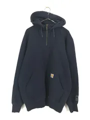 古着 Carhartt ワンポイント パッチ 「Rain Defender」 撥水 ハーフジップ ハイネック スウェット パーカー 紺 L 古着 