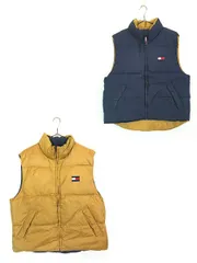 古着 90s TOMMY HILFIGER コットン × ゴールド メタリック ナイロン リバーシブル ダウン ベスト L 古着 